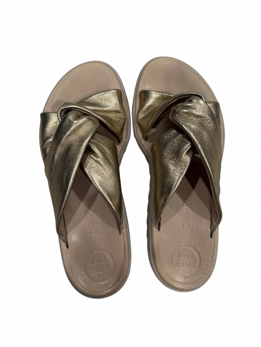 Paul Green Super Soft Metallic Gold Leather Knot Slide Sandals Women’s Size 6